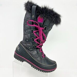 Sorel Tivoli Twist Snow Boots Womens Black Quilted Faux Fur Pink Laces Size 9